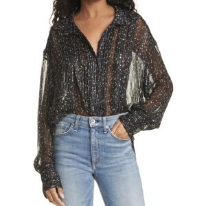 Rag & Bone Women’s Carina polka dot satin jacquard sheer blouse, size Large